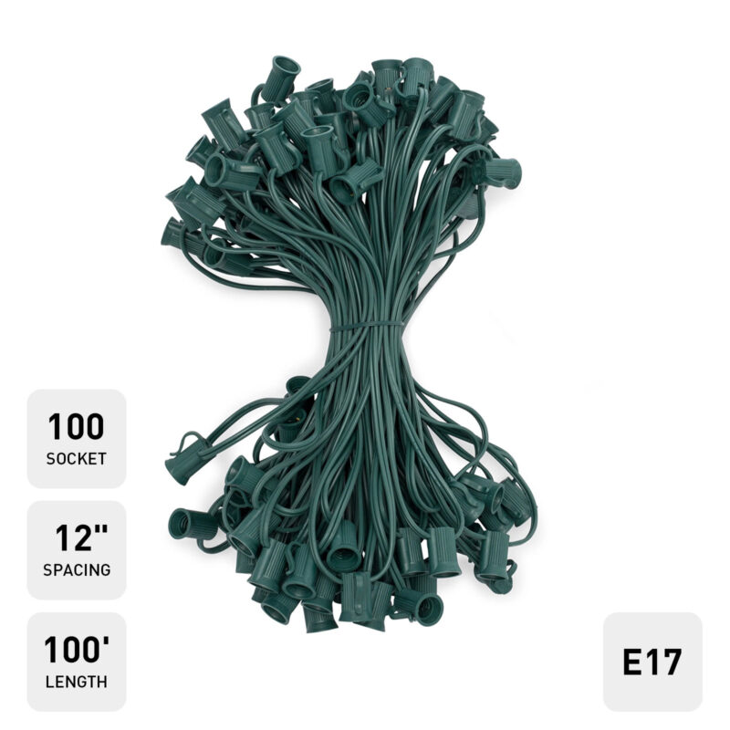 C9 (E17) Socket Cord, 12" Spacing, Green Wire, SPT-1, (100 Socket - 100ft)