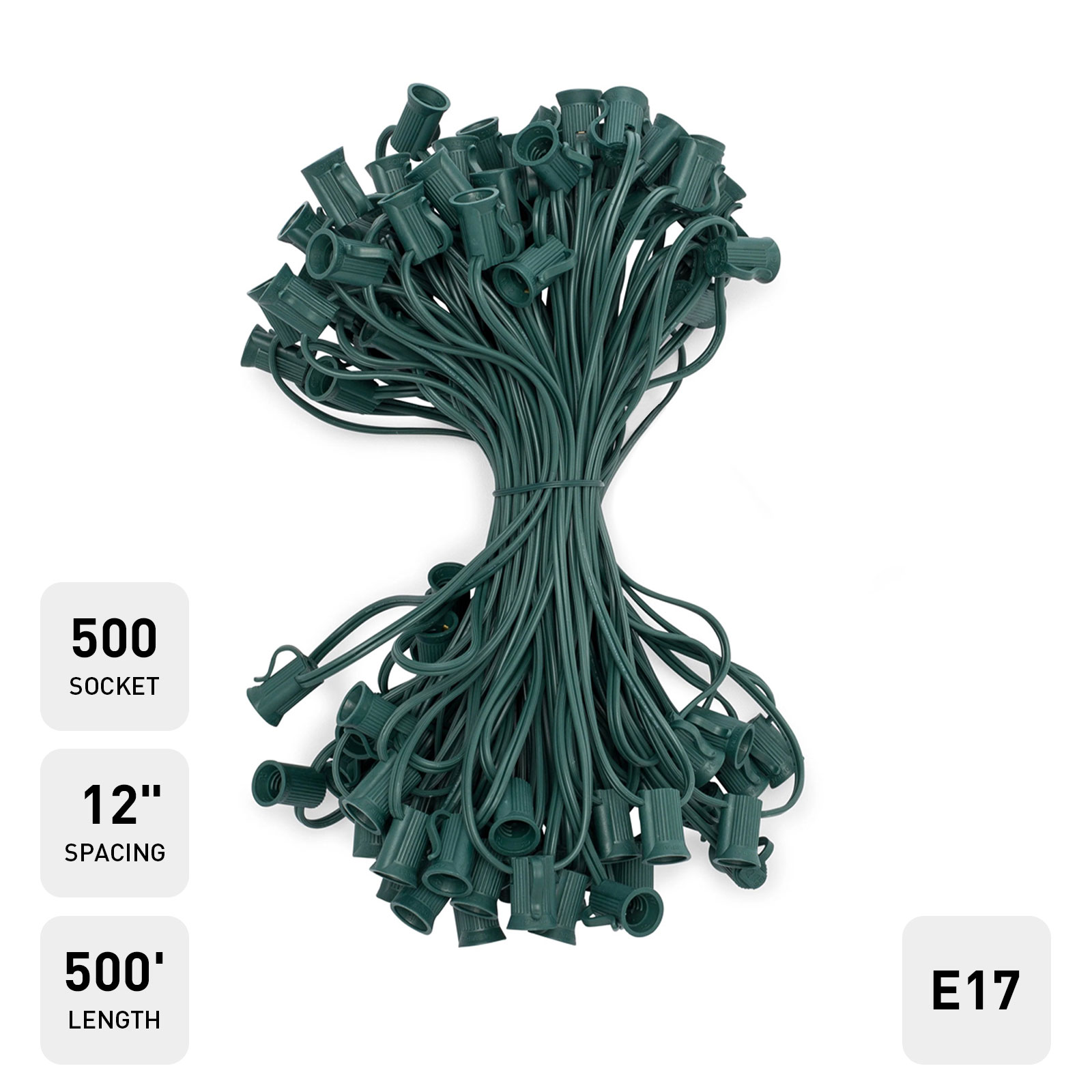 C9 (E17) Socket Cord, 12" Spacing, Green Wire, SPT-1, (500 Socket - 500ft)