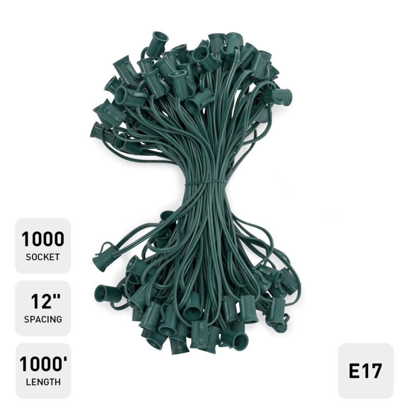C9 (E17) Socket Cord, 12" Spacing, Green Wire, SPT-1, (1000 Sockets - 1000ft)